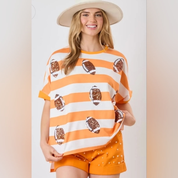 Fantastic Fawn Tops - Fantastic Fawn NWOT New In Poly Orange White Patch Striped Football Shirt PTP32